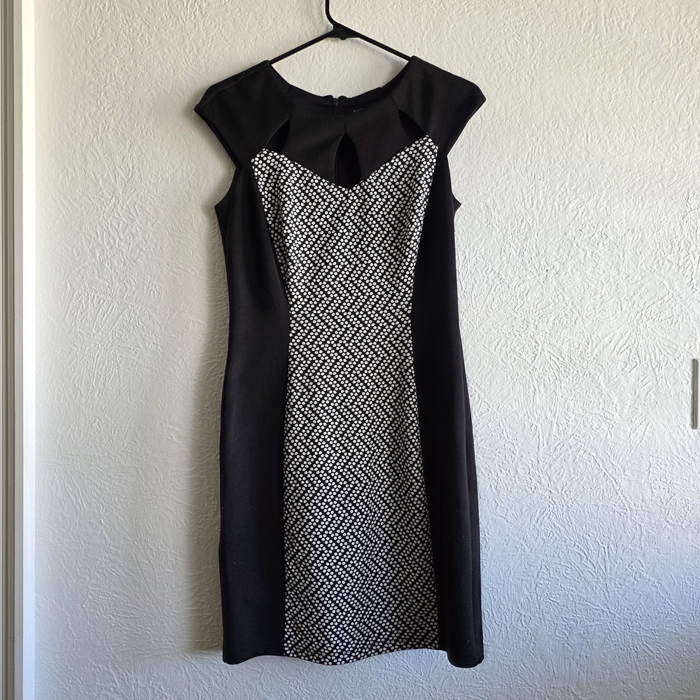 Enfocus Studio Black Midi Sheath Dress with White Patterned Front